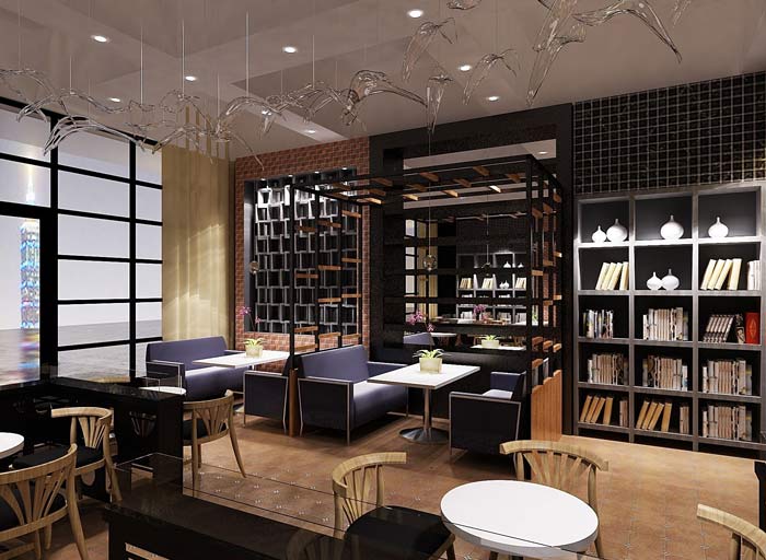 書苑咖啡館廳前臺區(qū)域裝修設(shè)計案例效果圖
