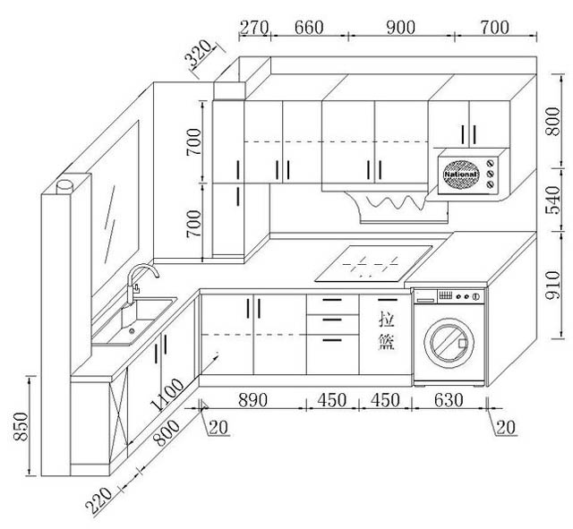 廚房分區所需尺寸參考示意圖