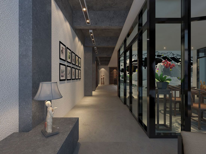現代中式辦公會所過道設計效果圖