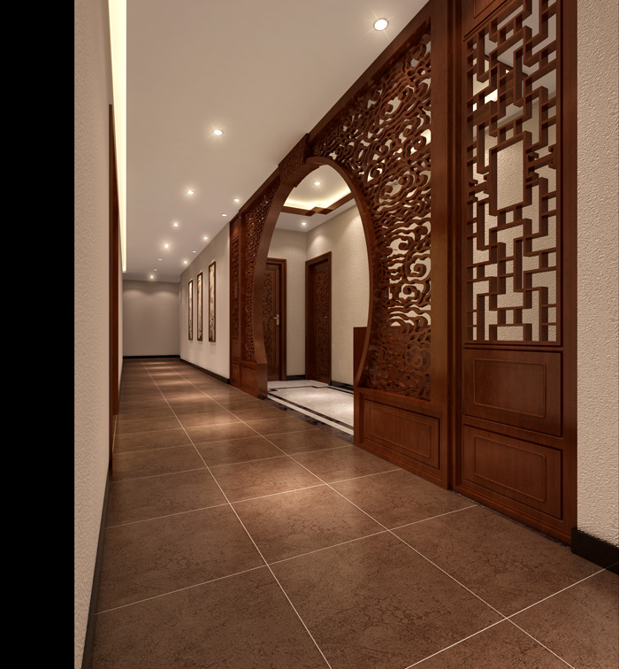 中式摩登風格辦公室過道裝修設計效果圖